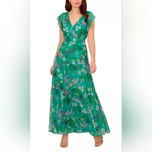 Adrianna Papell Women's Floral-Print Surplice-Neck Tiered Gown With Pocket